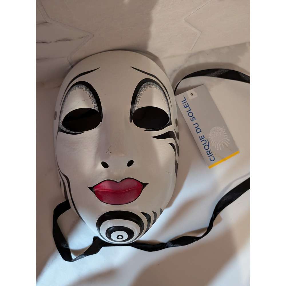Cirque du Soleil White Mime Harlequin Souvenir Mask Black Pink Swirl Ribbon New